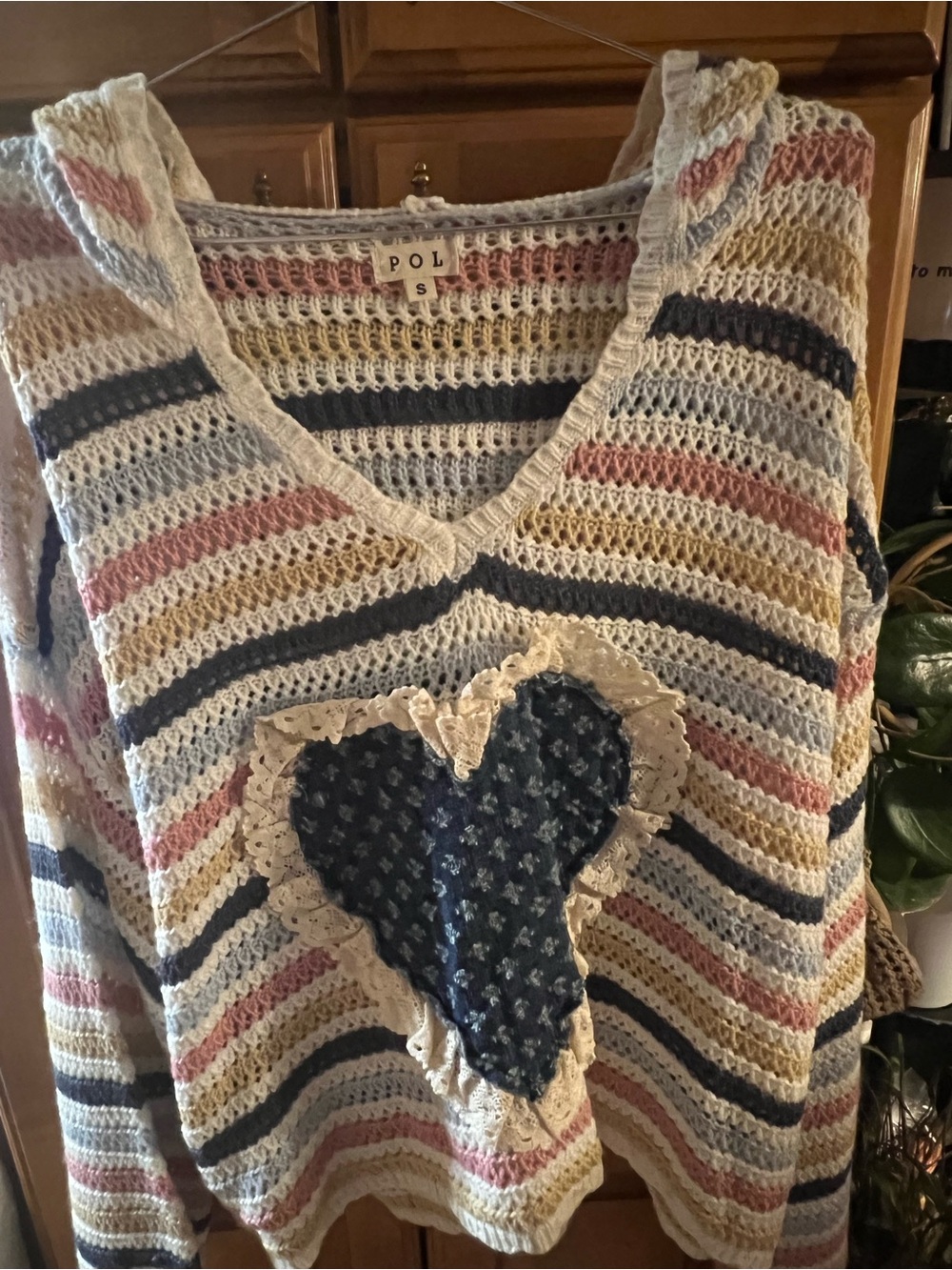 POL Crochet Striped Sweater with Blue Heart Patch - Picture 4 of 6